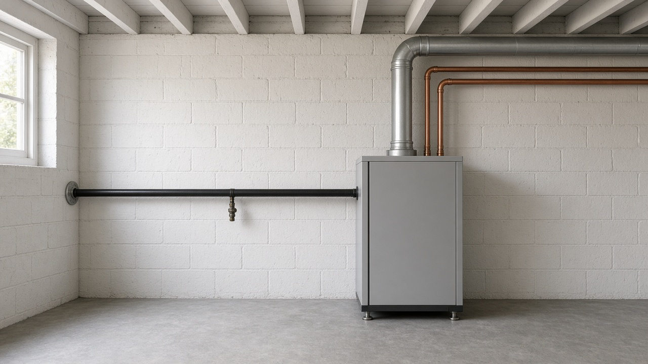 Boiler, copper pipe, and steel flue in a light basement mechanical room