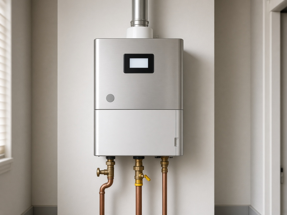 Tankless water heater mounted on a wall